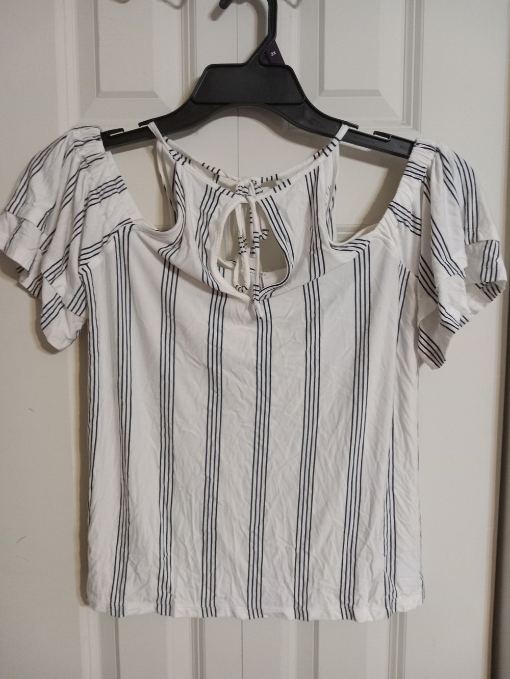 American Eagle Outfitters White Cold-Shoulder Top with Black Stripes